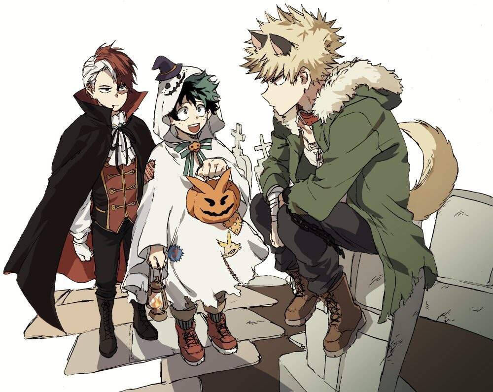 Todobakudeu三人組萬聖節cosplay 壁紙 — 三個動漫角色穿著萬聖節服裝，在墓碑間擺姿勢，旁邊有傑克南瓜燈和燈籠。