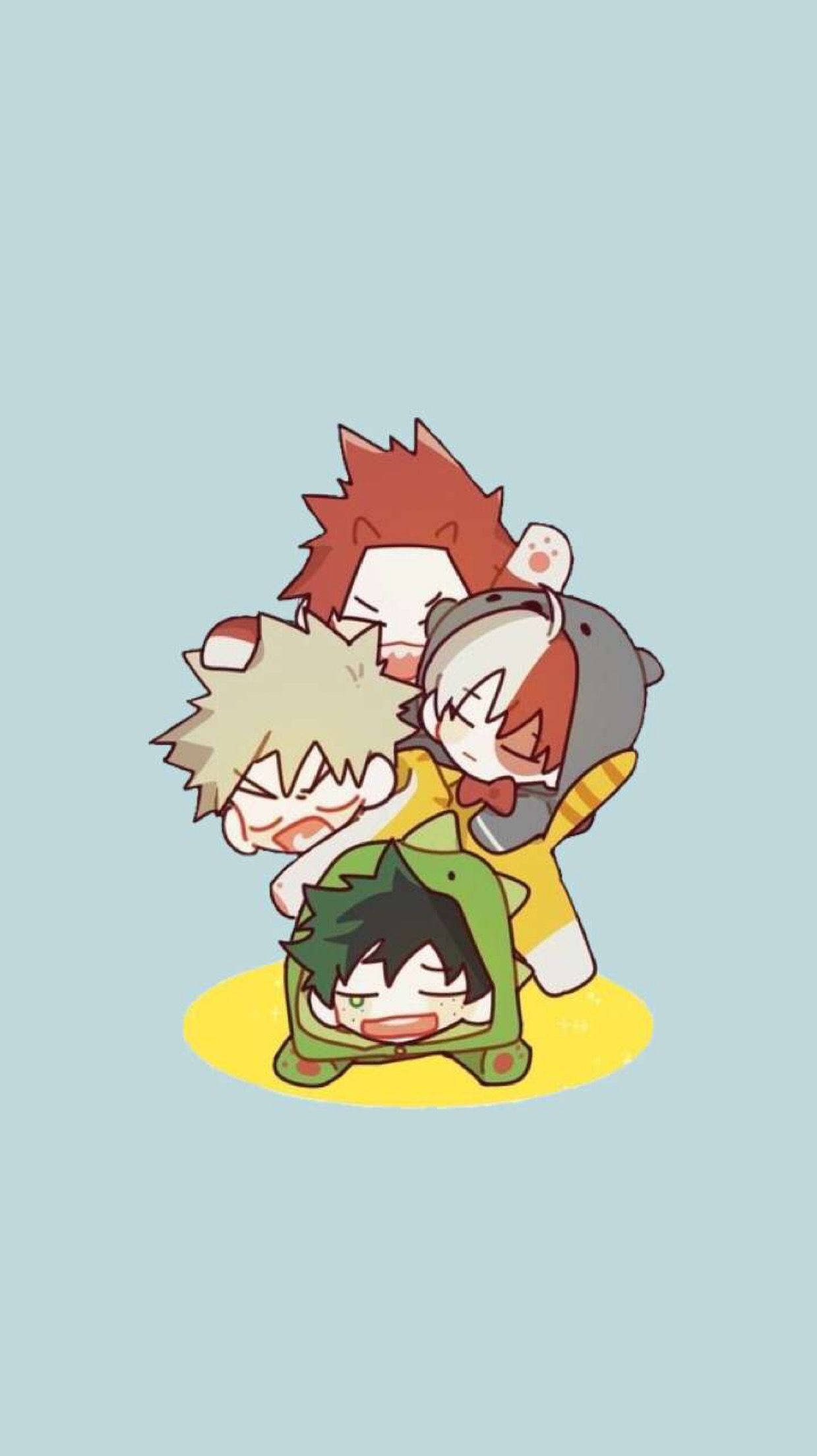 Todobakudeu日式Q版藝術 壁紙 — 三個穿著動物服裝的Q版動漫角色在淺藍色背景的黃色圓圈上堆疊在一起。