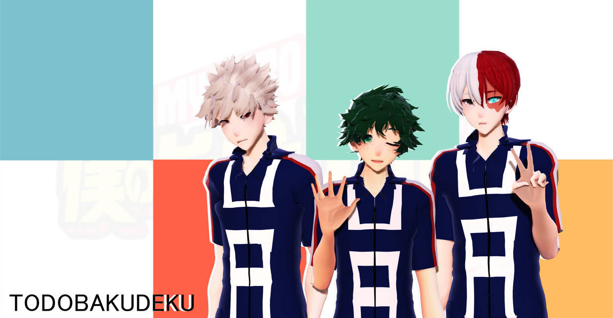 Todobakudeu深藍白制服 壁紙 — 三個身穿藍白制服嘅動漫角色喺色彩繽紛嘅方塊背景前擺姿勢，背景有個模糊嘅標誌。