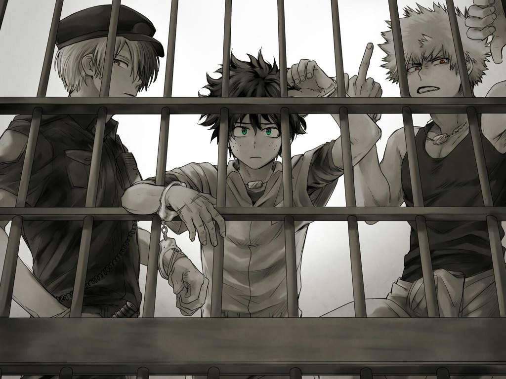 Todobakudeu灰階鉛筆藝術 壁紙 — 三個動漫角色被困在監獄鐵欄後，一個挑釁地指著手指，另一個戴著手銬看著。