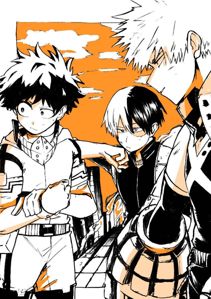 Todobakudeu黑白 壁紙 — 三個動漫角色，頭髮尖刺，以動態姿勢站在橙色天空背景下。