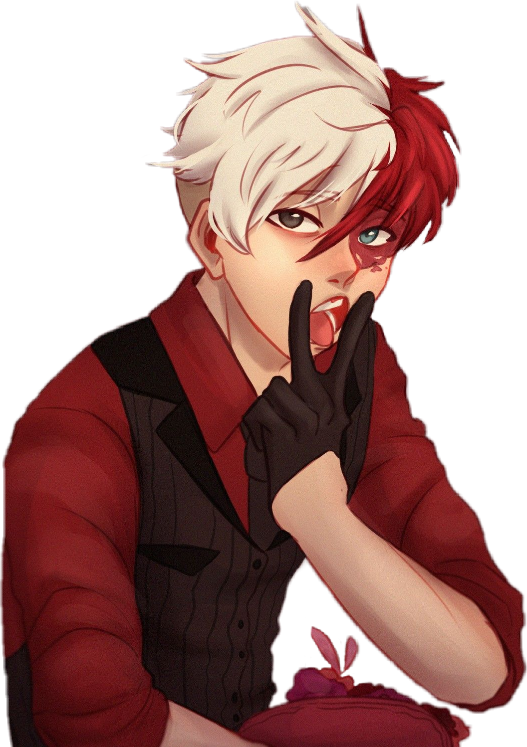 Todoroki 動漫角色藝術 壁紙 — 一個風格化的動漫角色，擁有白色和紅色的頭髮，拿著蛋糕做出俏皮的和平手勢。