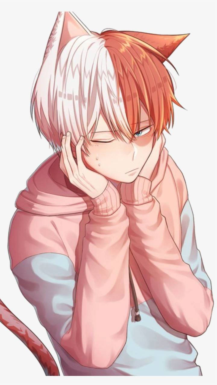 轟炸機 Todoroki 可愛貓咪插畫 壁紙 — 一個可愛的動漫男孩，有貓耳朵和尾巴，穿著粉紅色連帽衫，將頭靠在手上，流下一滴眼淚。