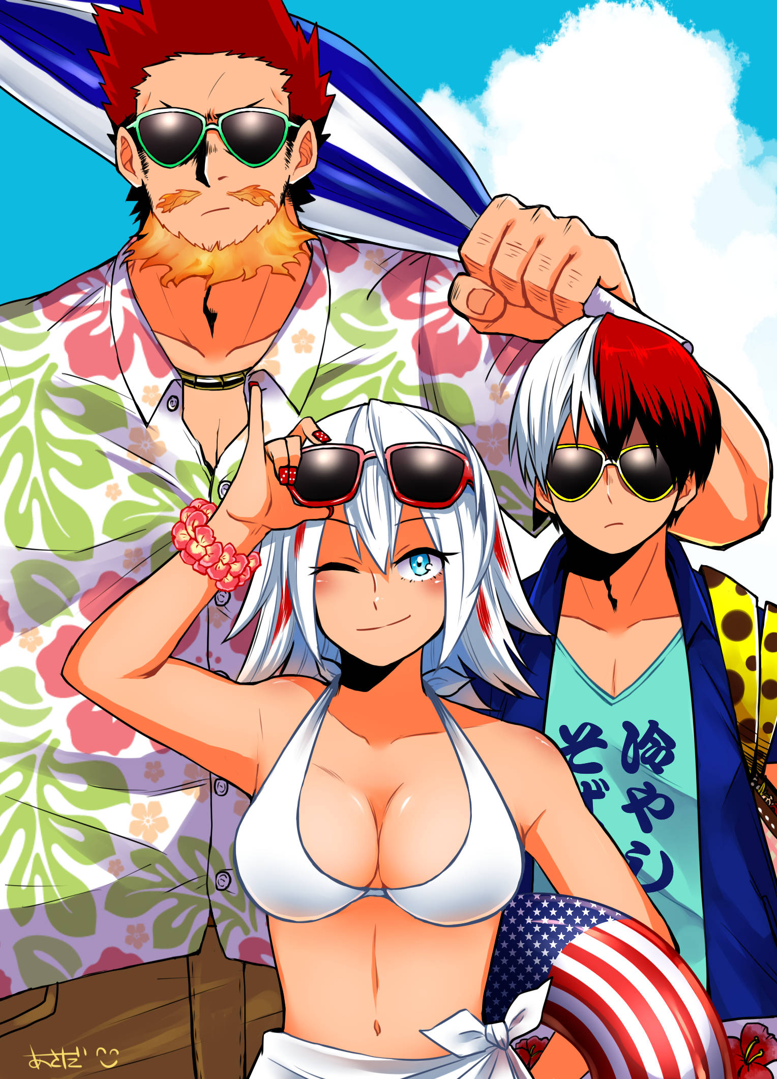 Todoroki 家族海灘度假 壁紙 — 三個戴著太陽眼鏡、穿著夏日服裝的動漫角色，在藍天白雲下自信地擺姿勢。