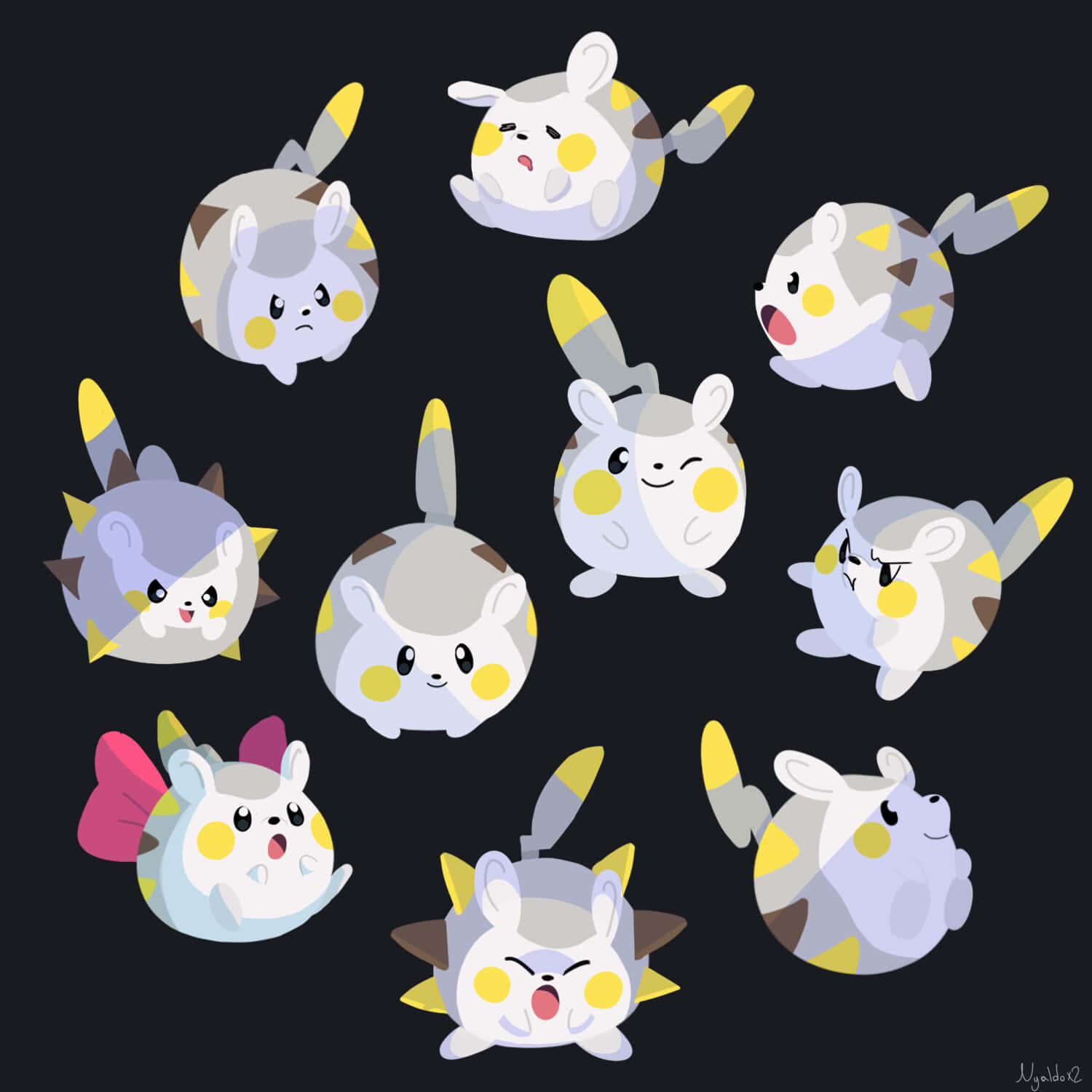 Togedemaru 的多種表情 壁紙 — 九個Q版皮丘角色在深色背景上展示各種俏皮且富有表現力的姿勢。