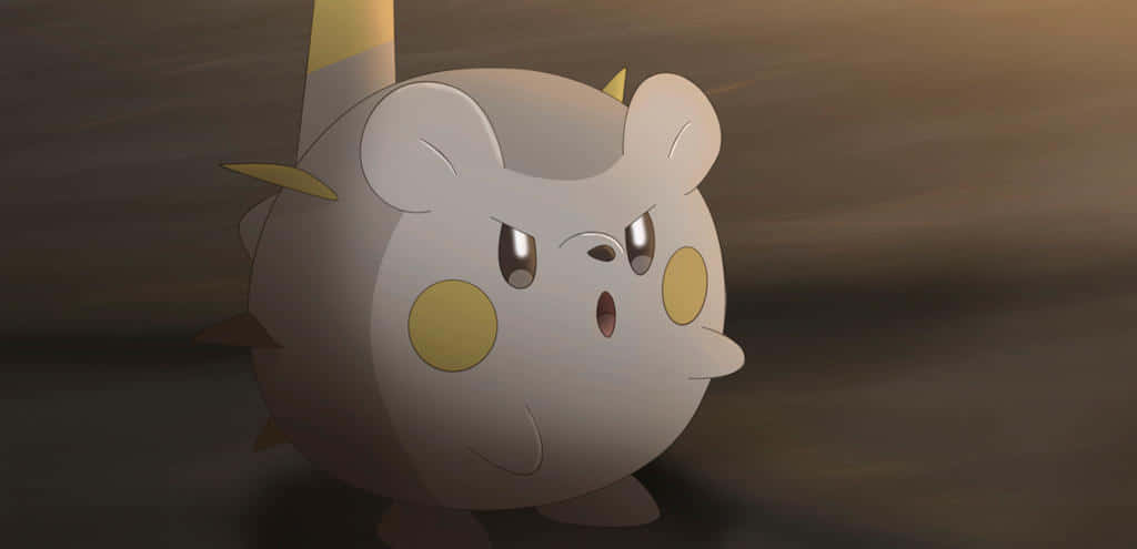 Togedemaru 的憤怒表情 壁紙 — 一個圓形白色動漫生物，黃色臉頰，憤怒的眼睛，在深棕色背景下強烈凝視。