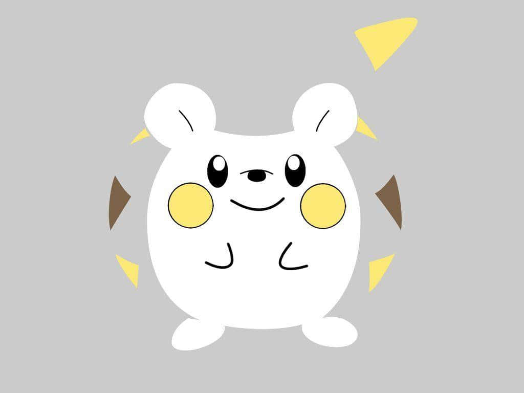 Togedemaru 的黃色頰部 壁紙 — 一隻可愛的白色卡通倉鼠，黃色臉頰和棕色耳朵，站在灰色背景前，帶有黃色和棕色的三角形裝飾。