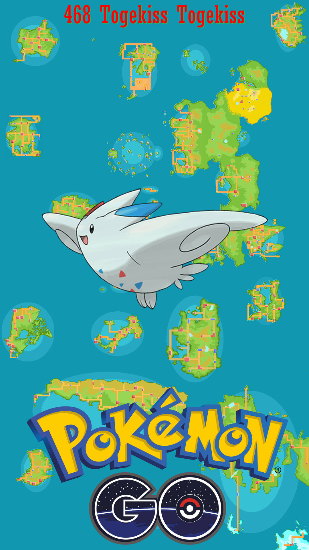 Togekiss喺青綠色背景上飛過Pokémon GO地圖碎片。