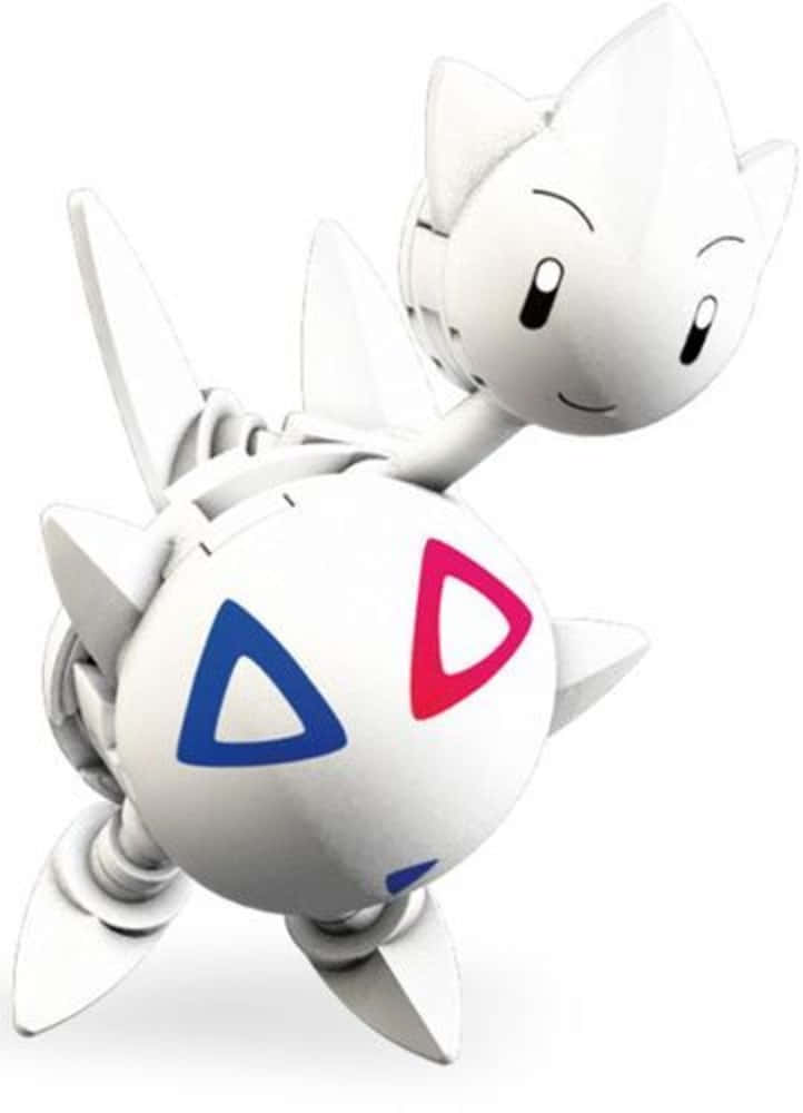 Togetic 3D 模型 壁紙 — 一隻白色風格化的機械貓，圓形身體上有藍色和紅色的三角形標記，面帶微笑。