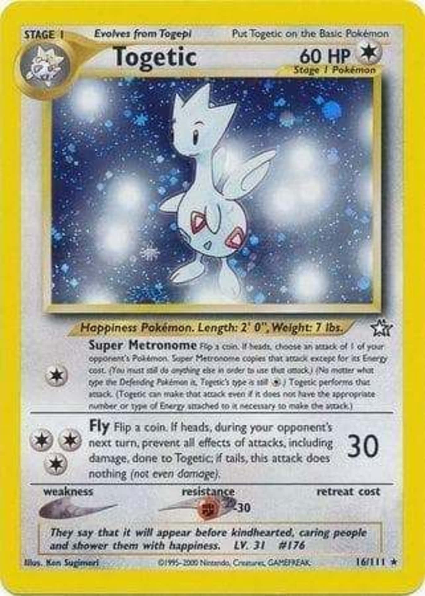 Togetic 寶可夢卡牌 壁紙 — 一隻白色、像狐狸嘅寶可夢叫Togetic，喺黃色邊框嘅集換式卡牌上，喺閃爍嘅星空夜晚中寧靜咁漂浮。