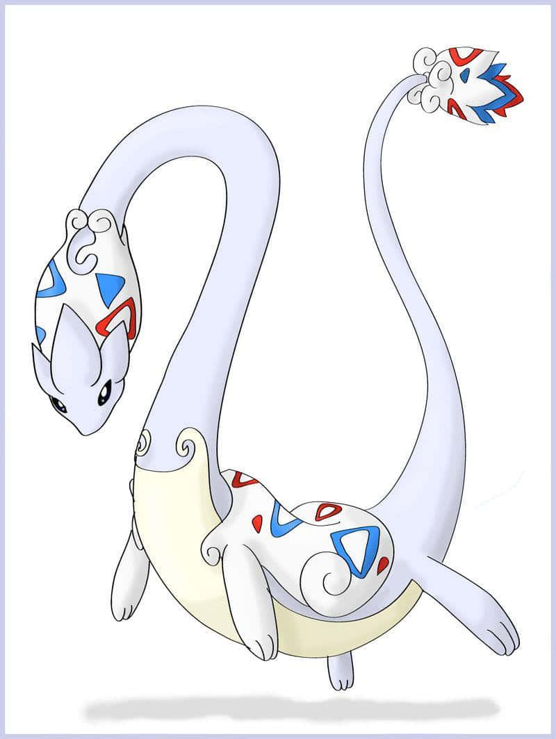 飛行中閃耀的Togetic 壁紙 — 一隻風格化的白色龍形生物，帶有藍色、紅色和奶油色圖案，在純色背景上優雅地蜷曲。