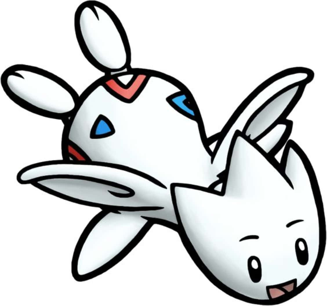 Togetic 的潛水姿勢 壁紙 — 兩隻可愛的白色卡通生物，有兔耳朵和藍紅色標記，在純白色背景上頑皮地漂浮。