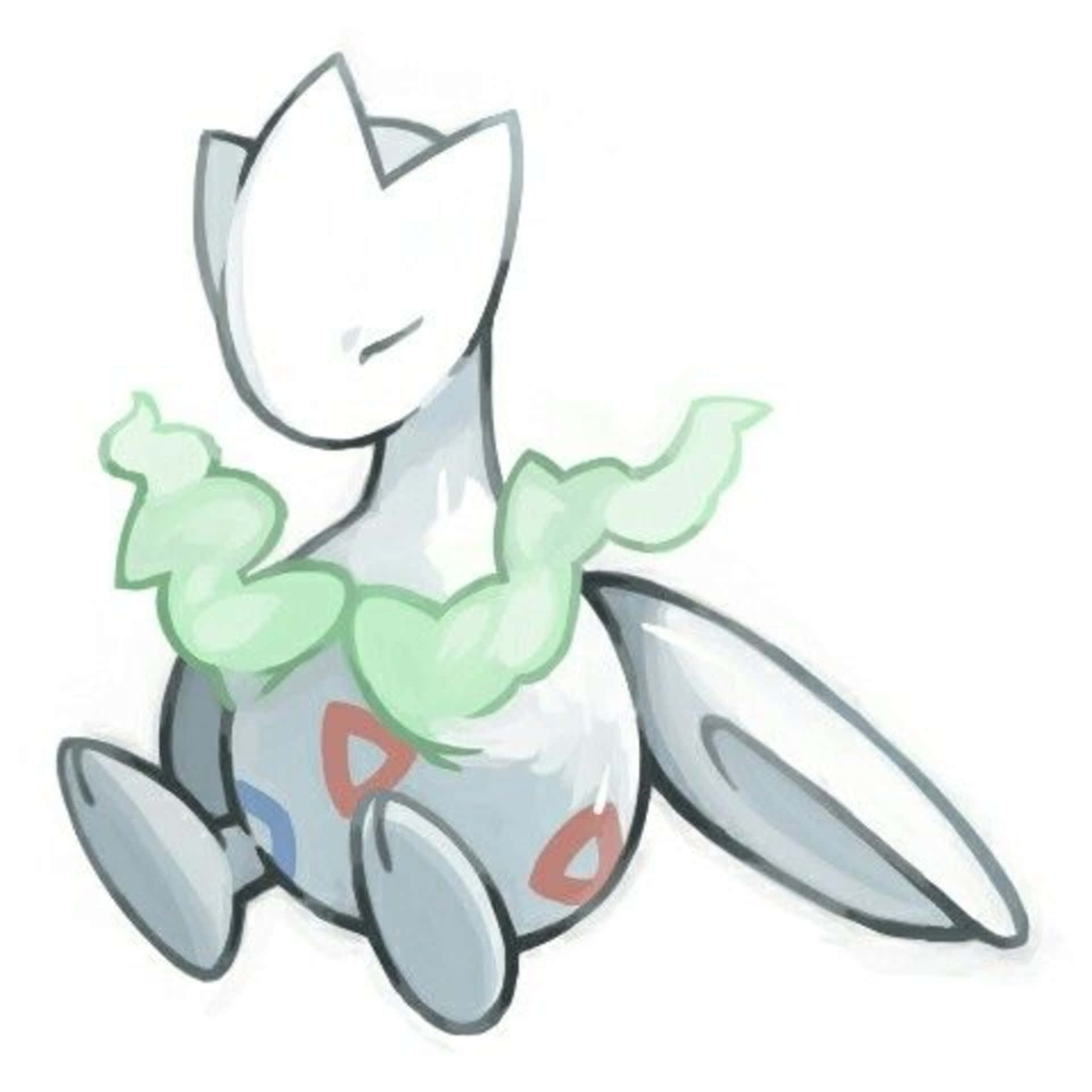 Togetic 閉眼 壁紙 — 一隻可愛的白色寶可夢，帶有綠色葉狀附屬物和紅色標記，平靜地坐在純白色背景前。