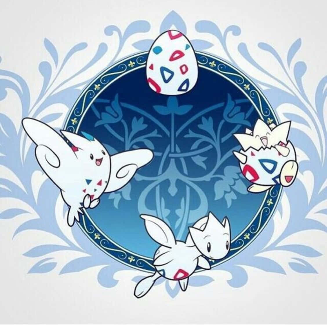 三隻帶有彩色圖案的白色寶可夢，在一個裝飾性藍色圓圈內環繞一個裝飾蛋。