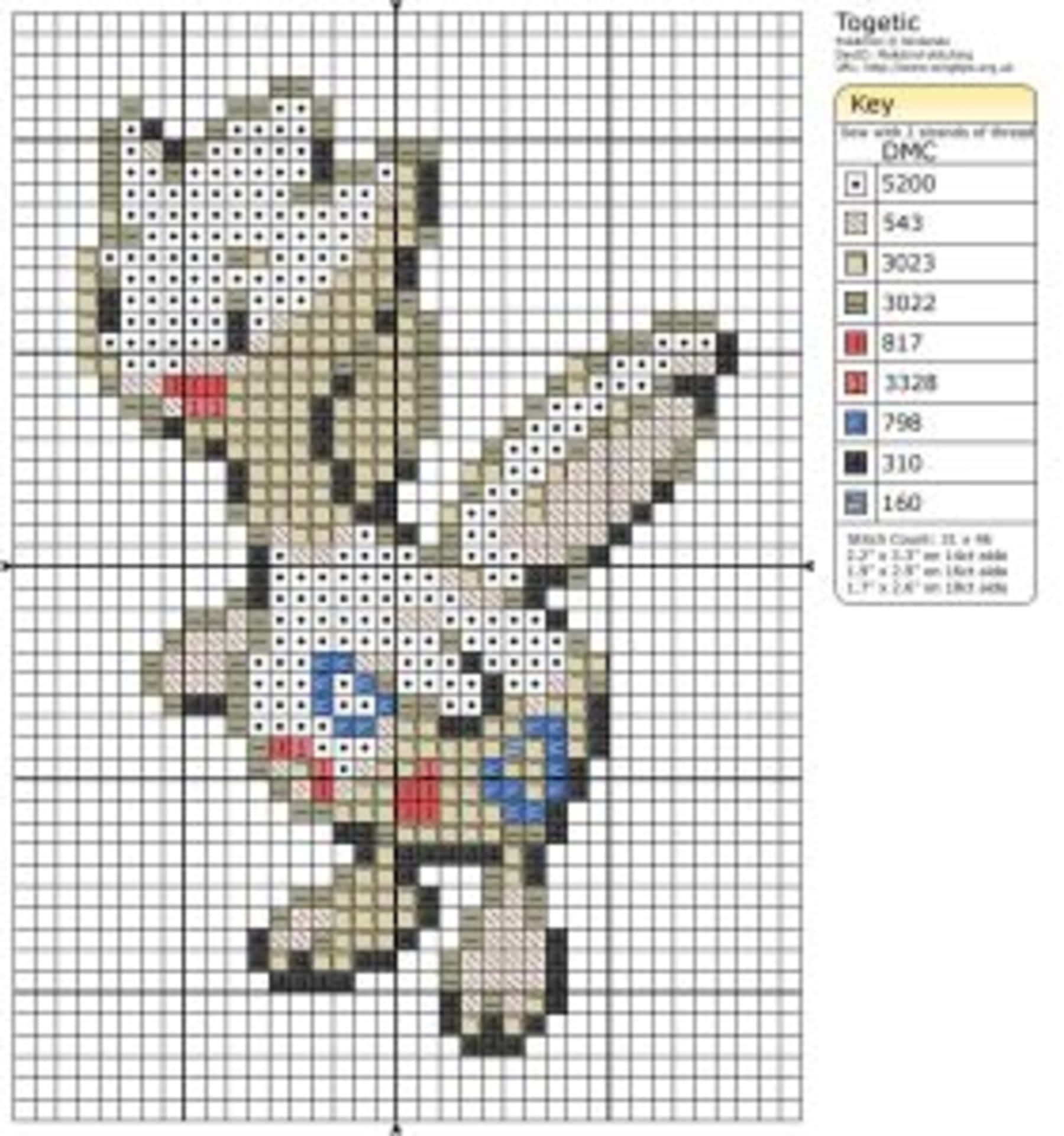 Pokémon Togetic嘅十字繡圖案，有顏色對照表同線號。