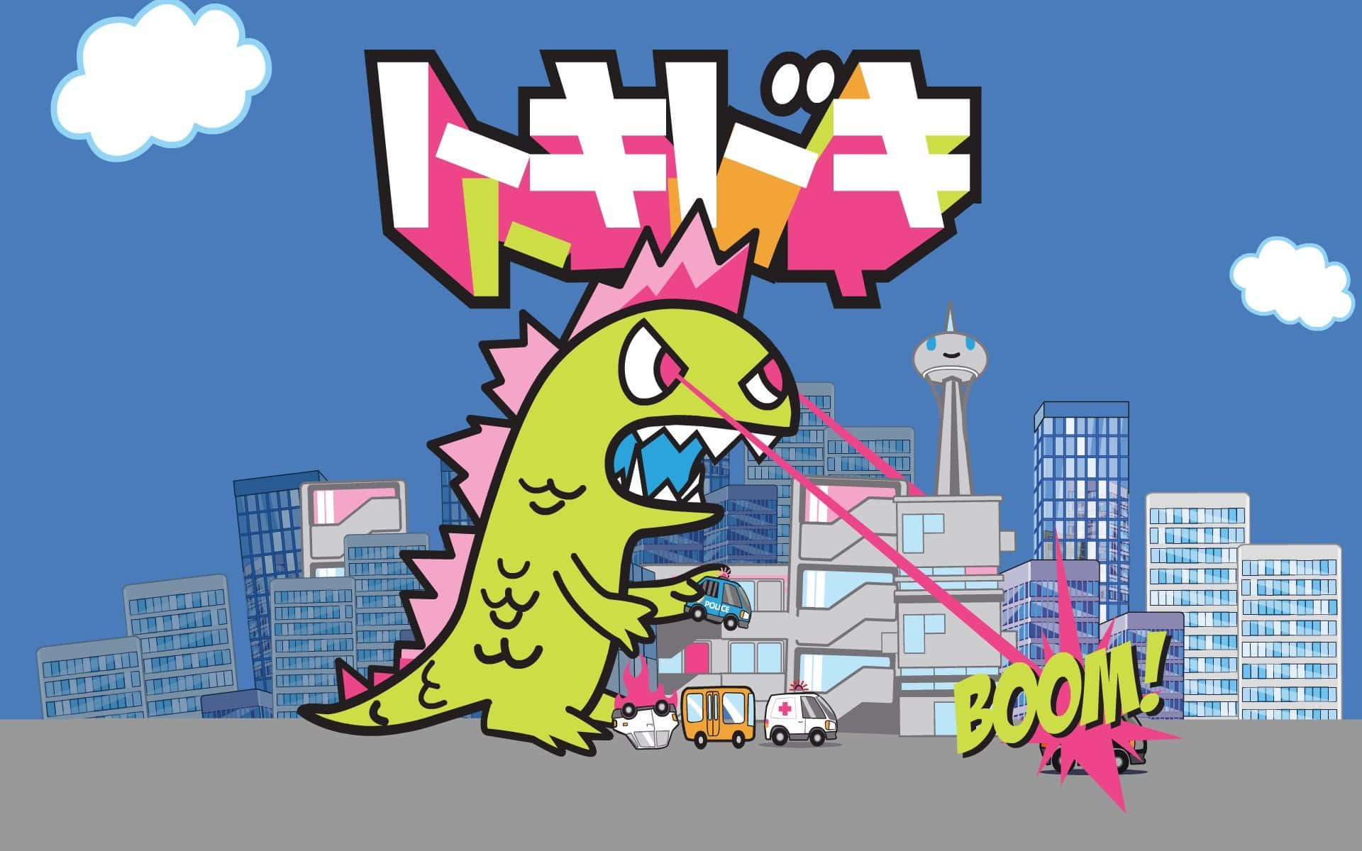Tokidoki怪獸 壁紙 — 一隻卡通綠色恐龍帶有粉紅色尖刺，在藍天白雲下的城市景觀中向汽車發射粉紅色激光。