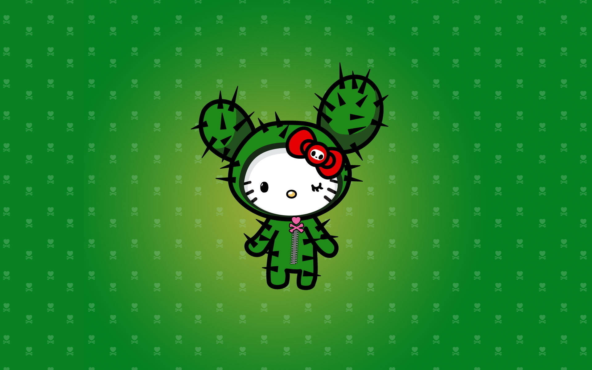 Tokidoki仙人掌Hello Kitty桌面壁紙 壁紙 — Hello Kitty 打扮成仙人掌，帶有刺和紅色蝴蝶結，站在帶有微妙心形圖案的綠色漸變背景前。