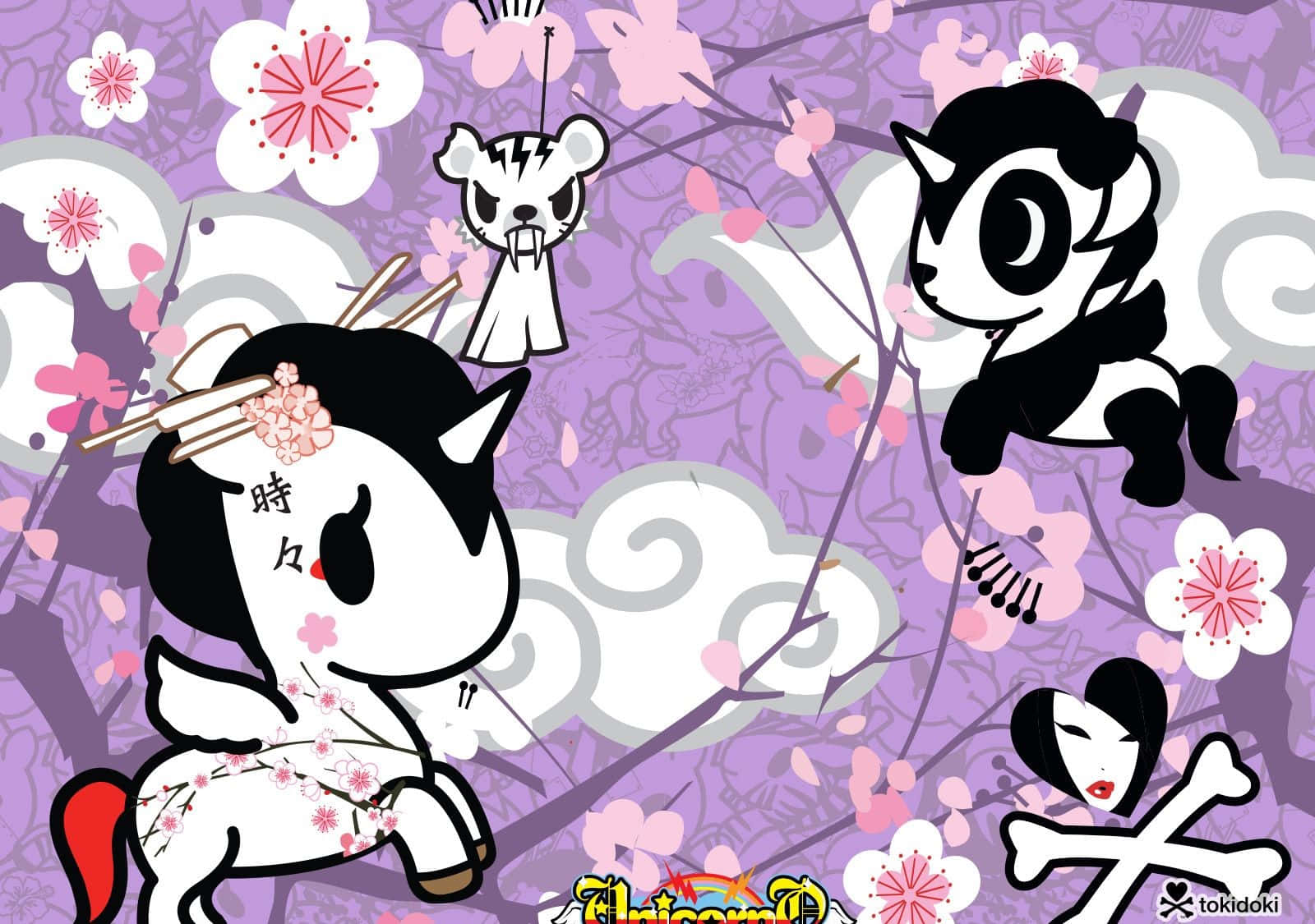 紫色背景上櫻花中的 Chibi Tokidoki 角色。
