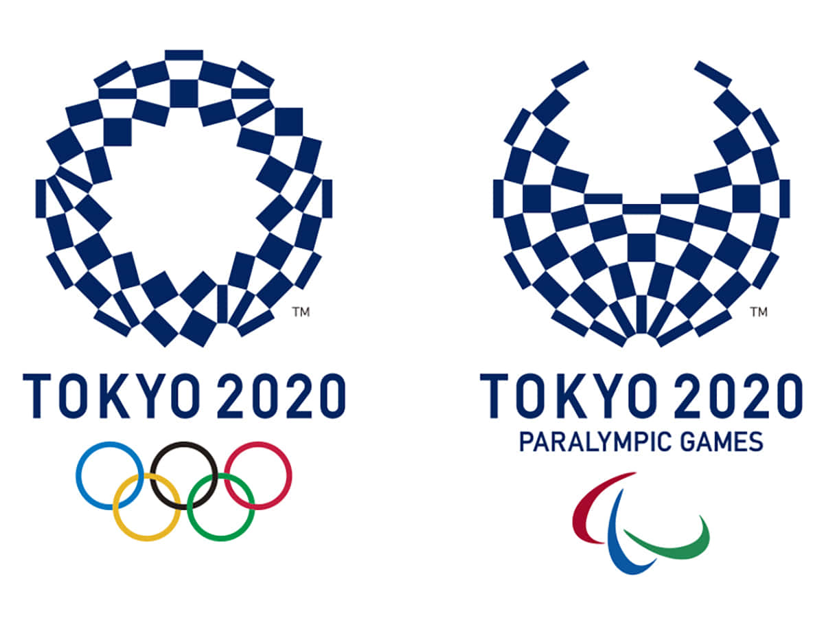 東京2020奧運及殘奧會官方標誌，帶有藍色格仔圖案及符號。