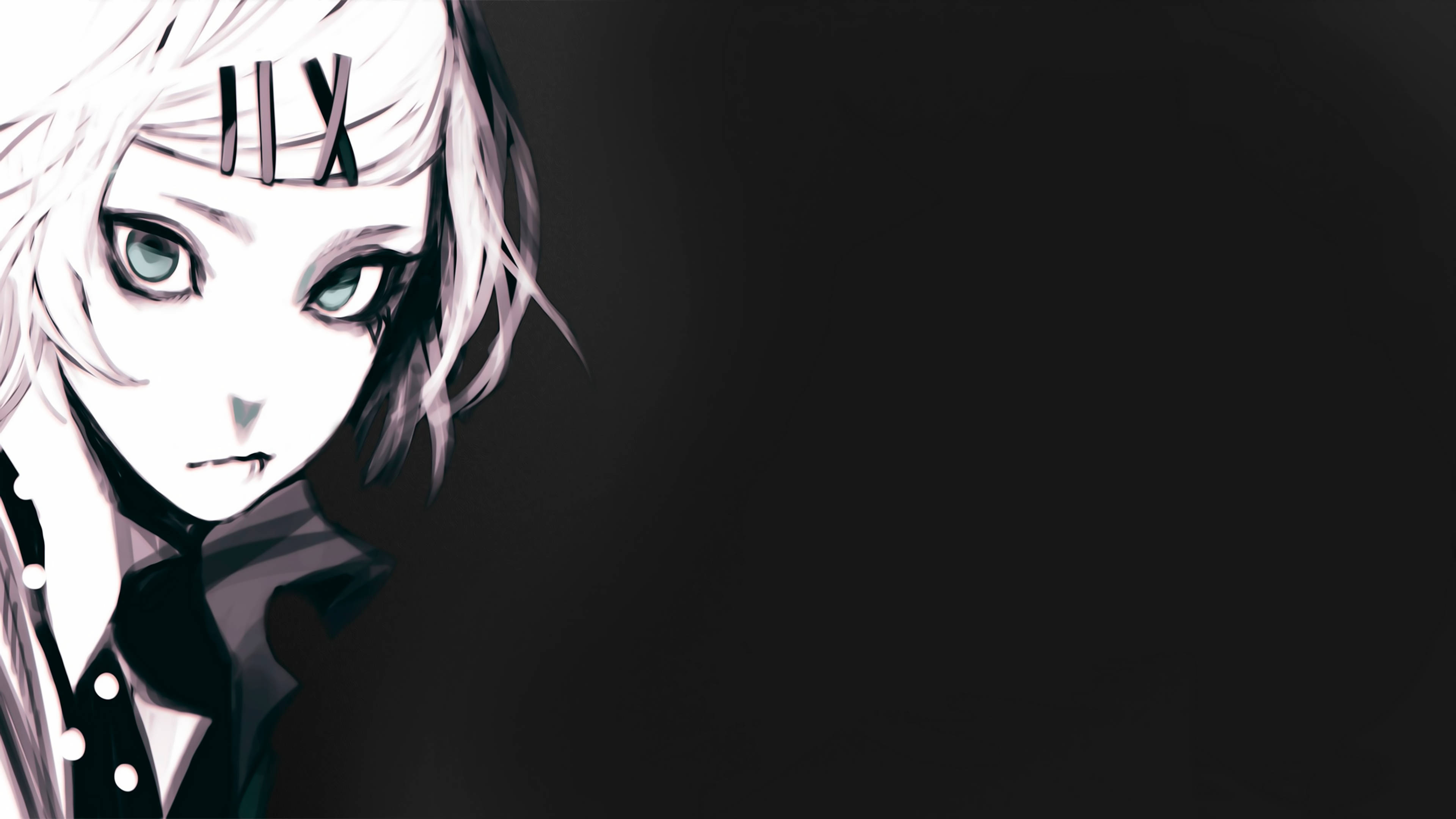 九十九 Tokyo Ghoul 4K 眺望右方 壁紙 — 一個蒼白的動畫女孩，白髮綠眼，在純黑背景下專注地凝視。