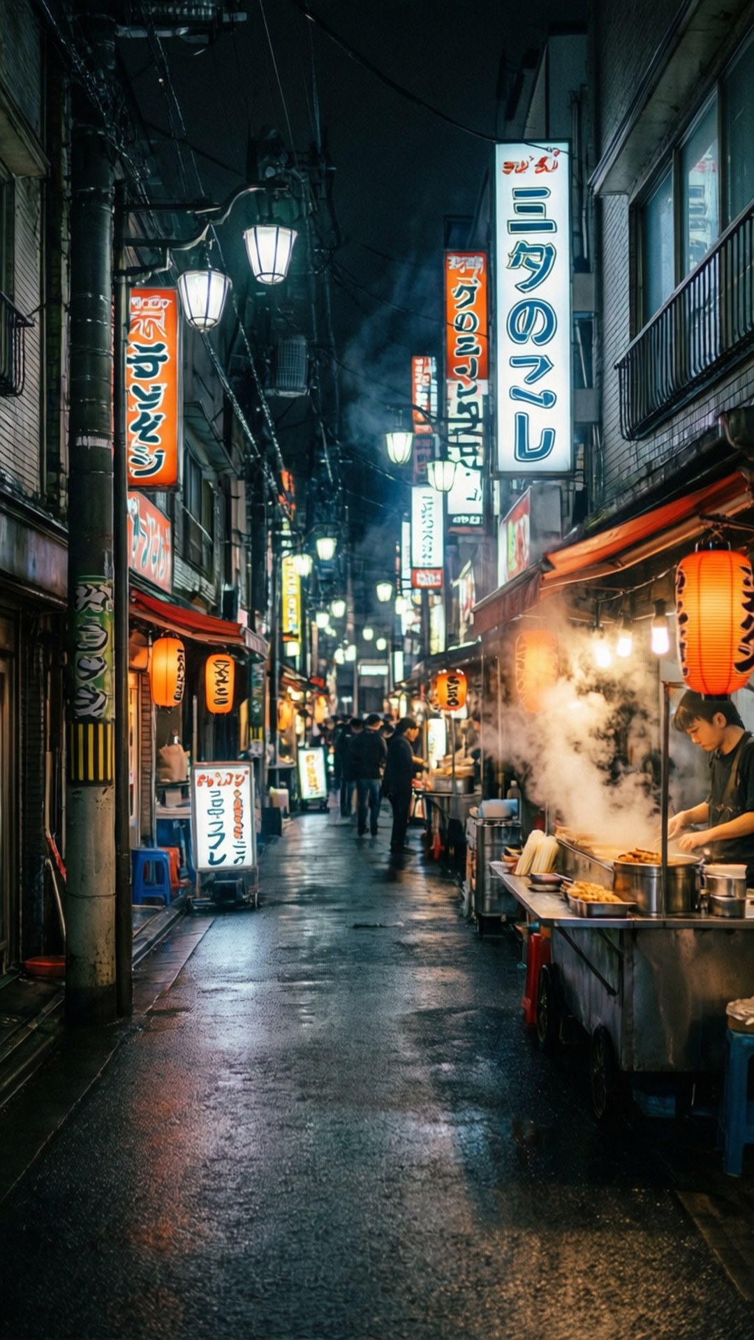 日本夜街，發光招牌，食物攤檔蒸氣，濕漉漉的路面