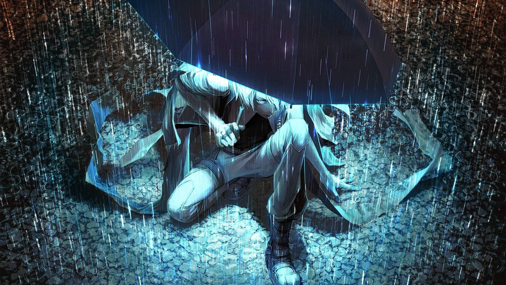 一個白髮動漫女孩在濕漉漉的鵝卵石街道上，於大雨中坐在黑色雨傘下。