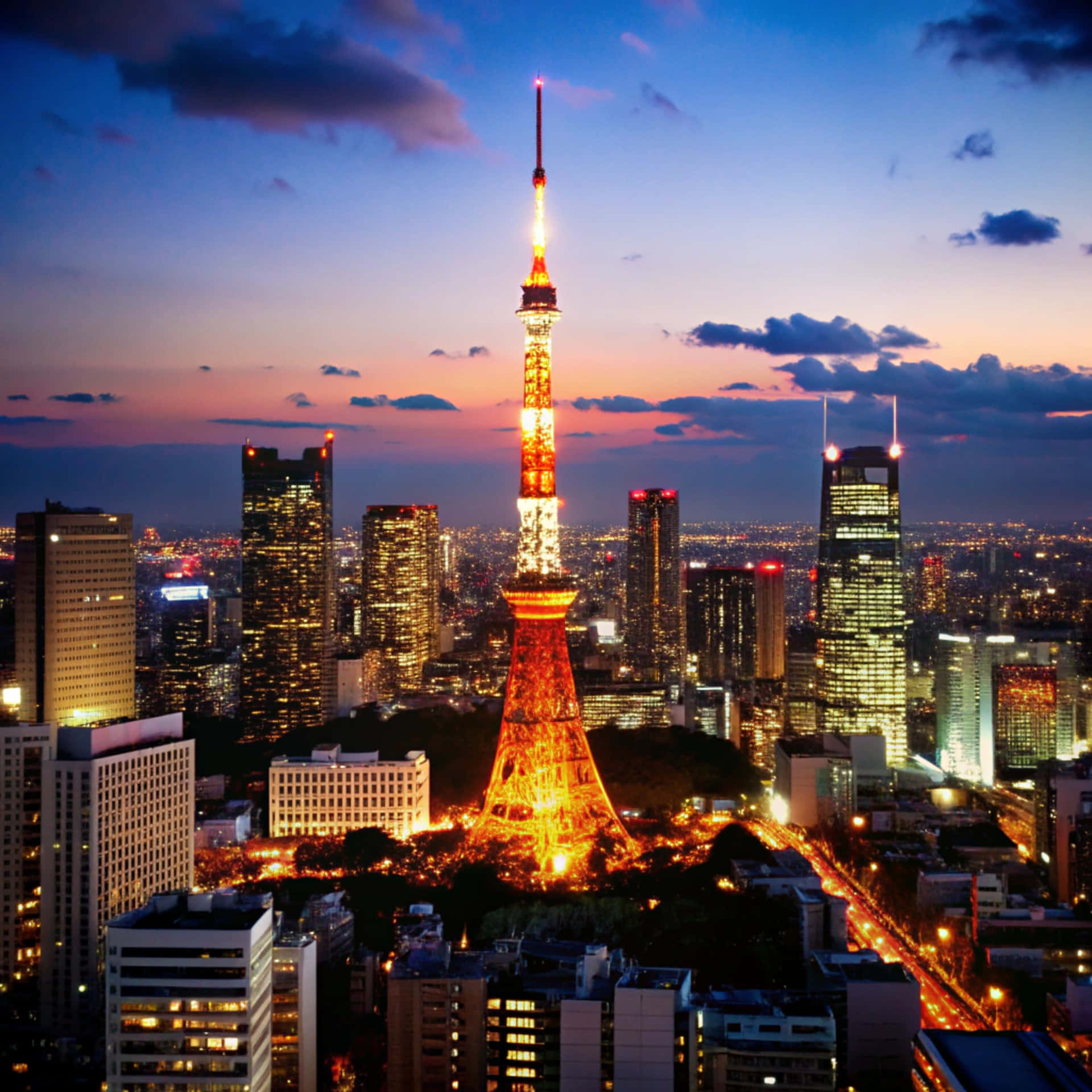 Tokyo Skyline 壁紙 — 東京鐵塔在帶有紫色和橙色條紋的暮色天空中溫暖地發光，城市的燈光照亮了下面的城市景觀。