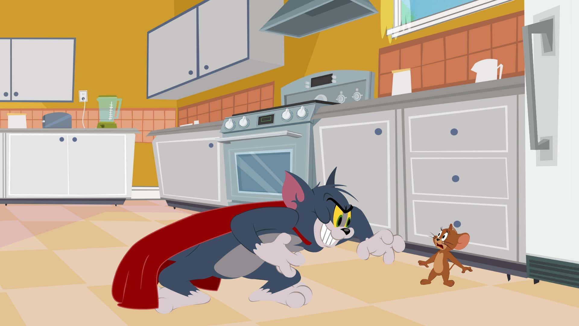 穿著紅色斗篷的貓湯姆在廚房裡追趕老鼠傑瑞。