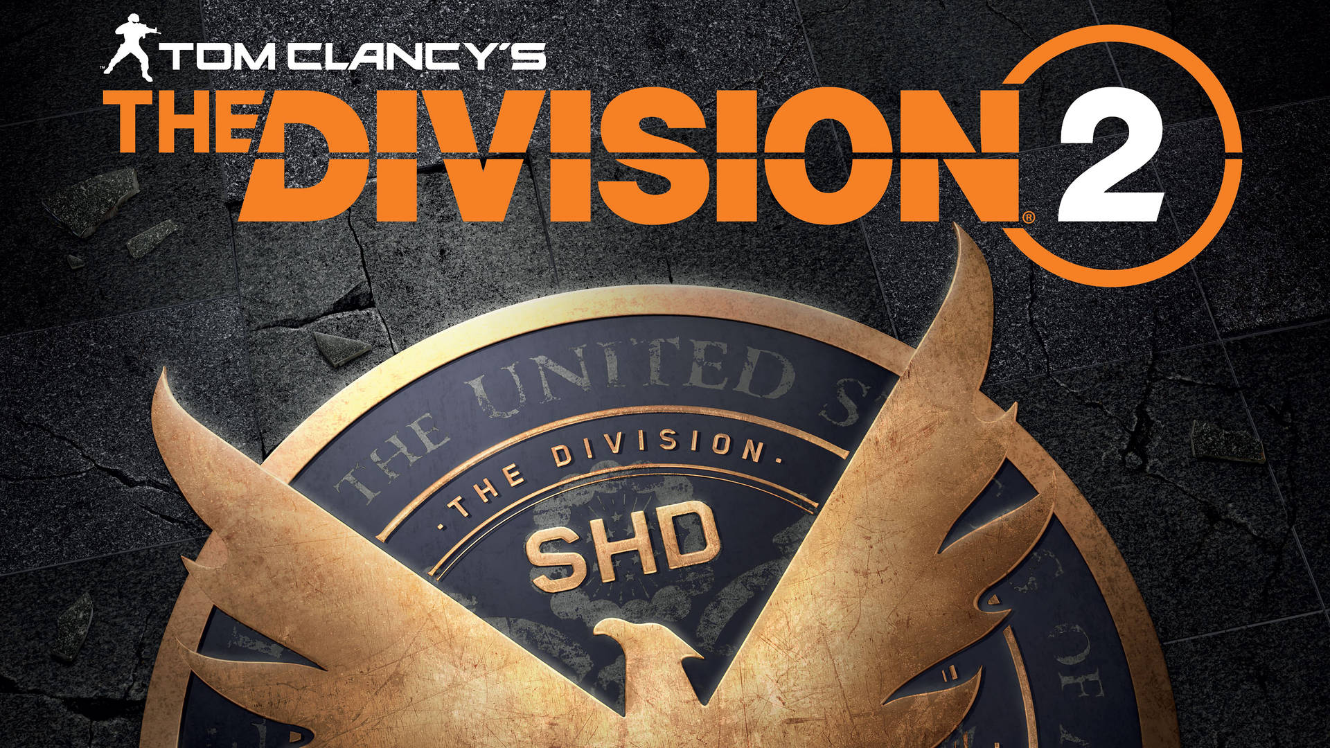 Tom Clancy's The Division 2 遊戲標誌，SHD徽章在裂開的石頭上。 — Xbox GIF 壁紙