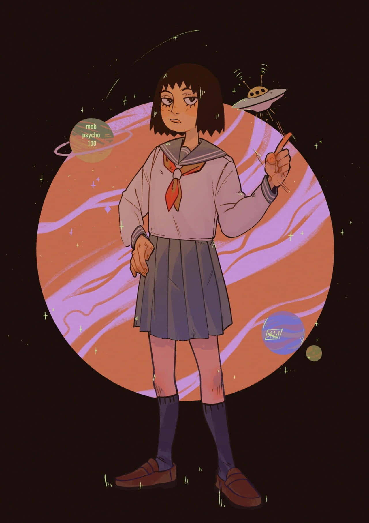 Tome Kurata - 強大的超能力通道 壁紙 — 一個穿著校服的女孩自信地站在一個旋轉的橙色和紫色星球前，周圍有漂浮的UFO和星星。