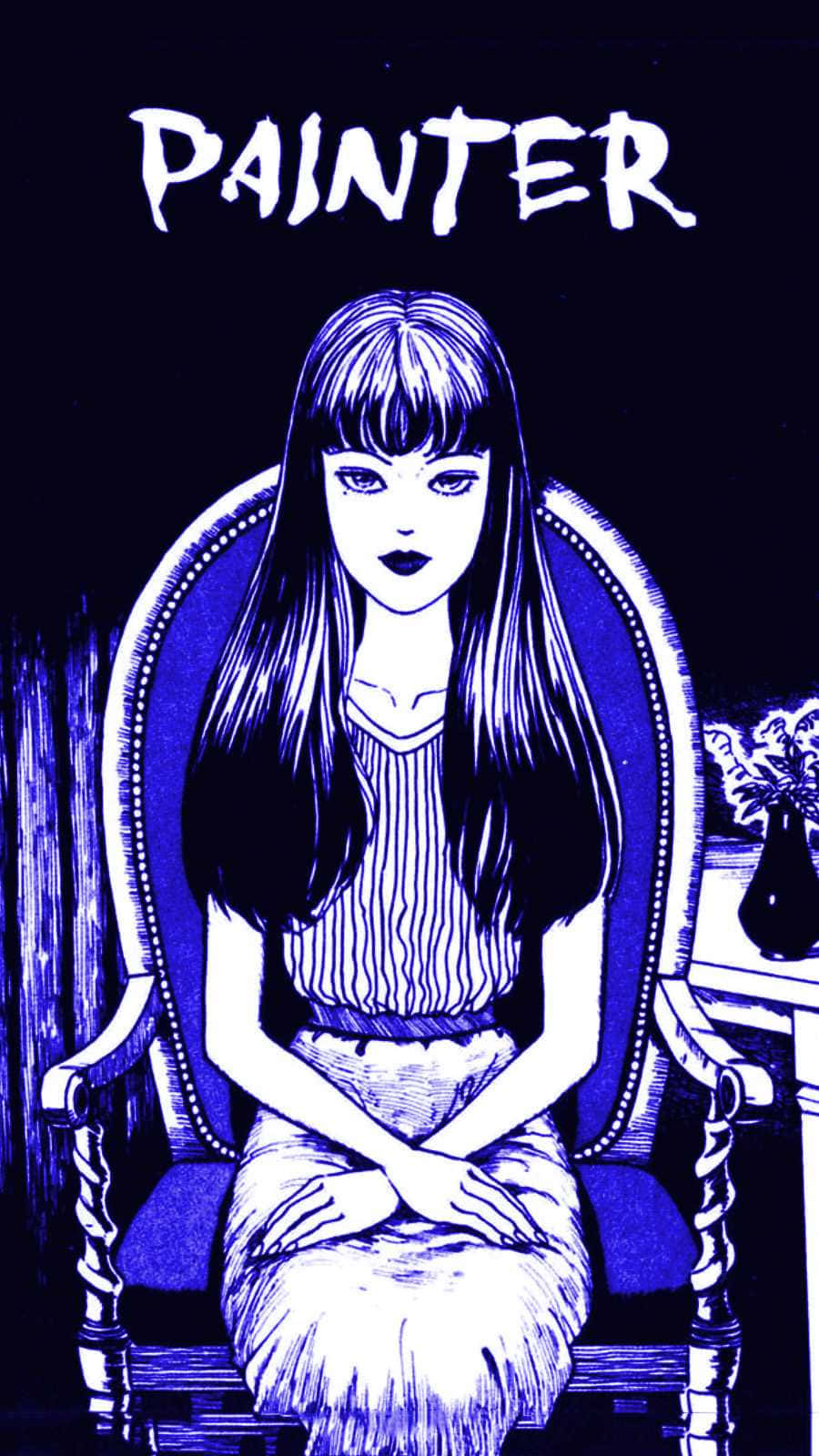 一個藍白插圖的動漫女孩，坐在華麗的椅子上，上方有「畫家」一詞。