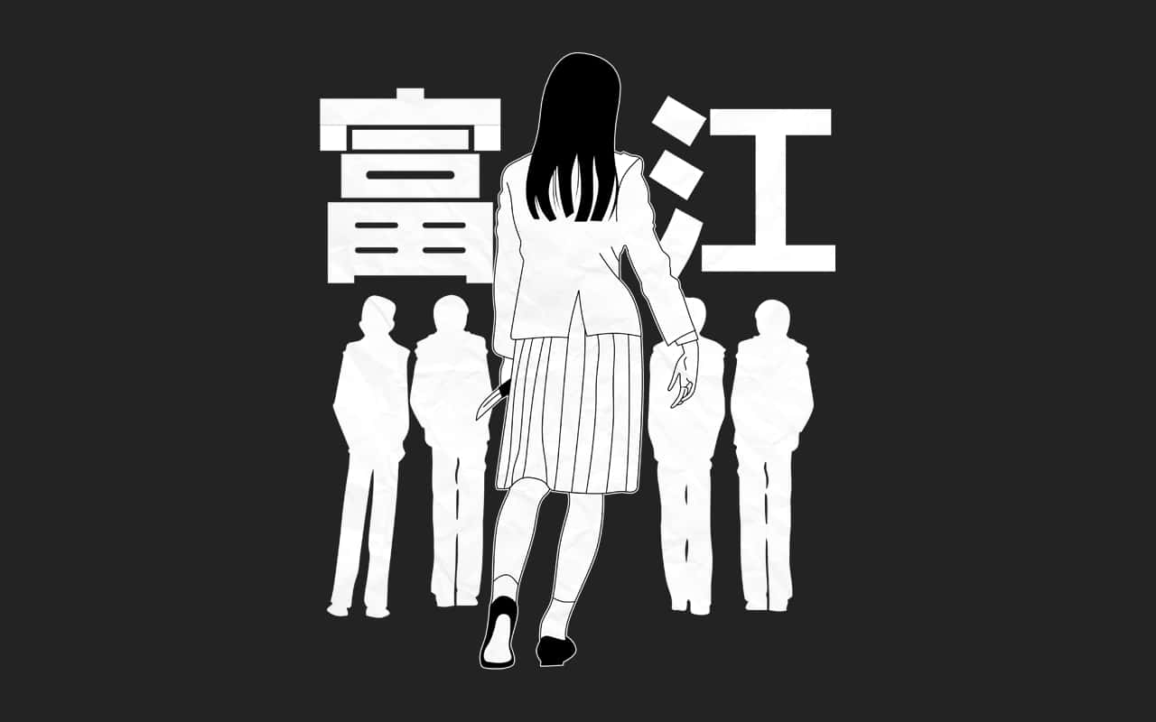 一個穿著校服的女孩從四個人物走開，身後有日文字元。