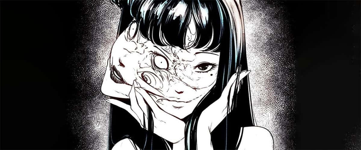 動漫女孩，半邊臉扭曲成黑白怪異圖案。