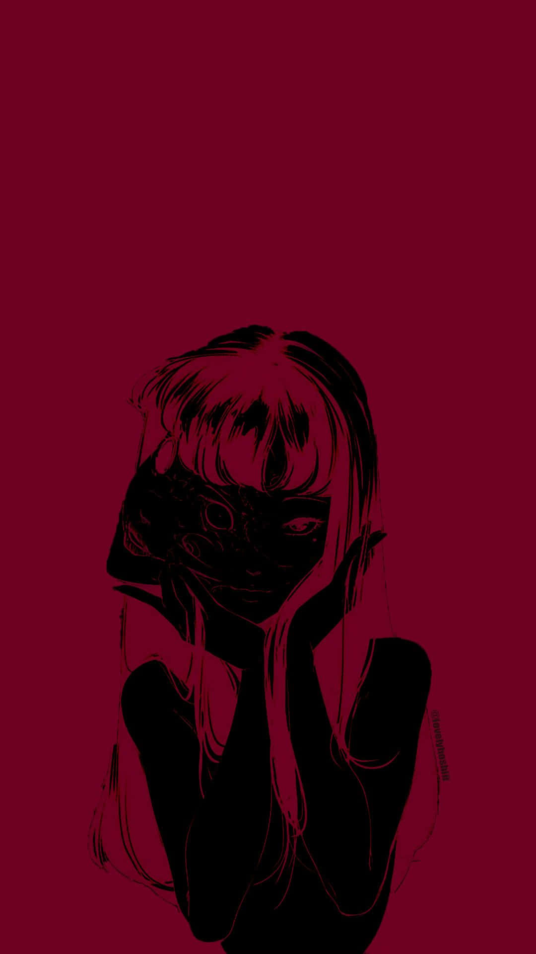Tomie 紅色背景 壁紙 — 一個風格化的動漫女孩，長髮戴著口罩，在深紅色背景中捧著臉。