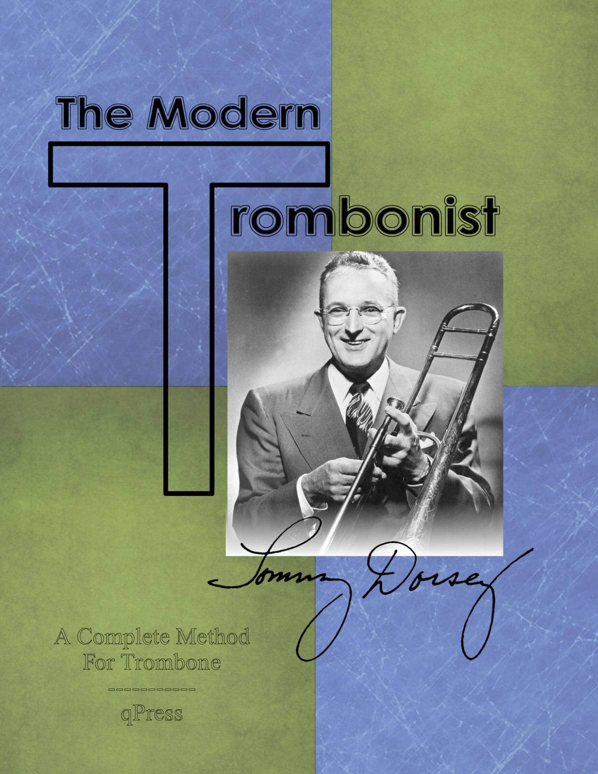 Tommy Dorsey《現代小號手》專輯封面 壁紙 — 《The Modern Trombonist》的復古書封面，特寫一位微笑的西裝男子，在藍色和綠色紋理面板前手持長號。