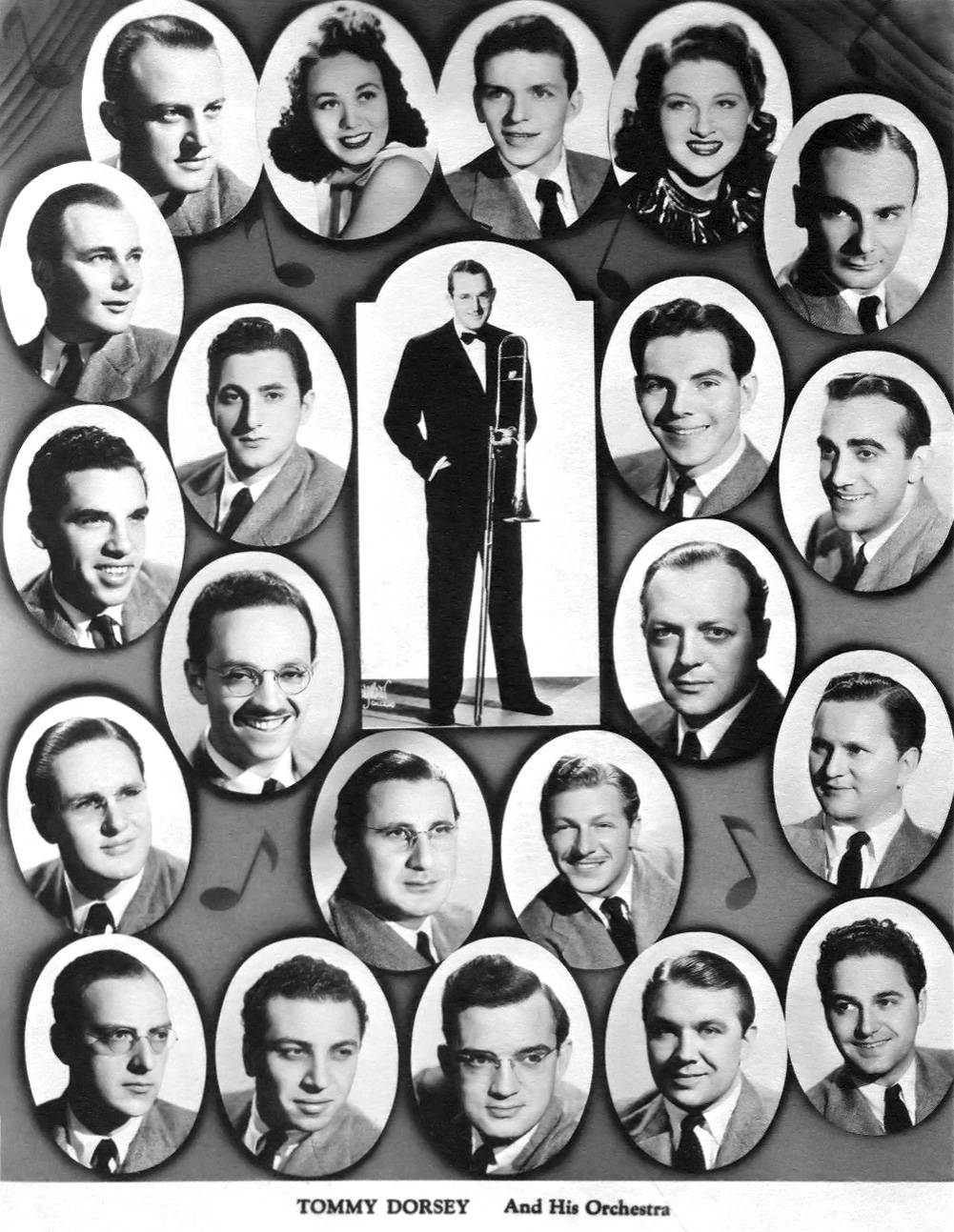 Tommy Dorsey 與他的樂團演出現場 壁紙 — Tommy Dorsey 及其樂團成員穿著正式西裝、周圍漂浮著音符的復古黑白拼貼畫。