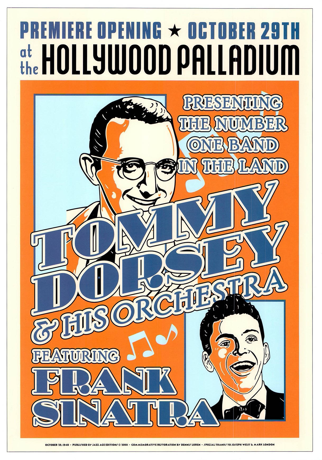Tommy Dorsey 與他的樂團 Frank Sinatra 演唱會海報 壁紙 — 1940年代復古音樂會海報，Tommy Dorsey and His Orchestra 與 Frank Sinatra 在好萊塢帕拉丁劇院演出，採用大膽的橙藍色字體和風格化肖像。