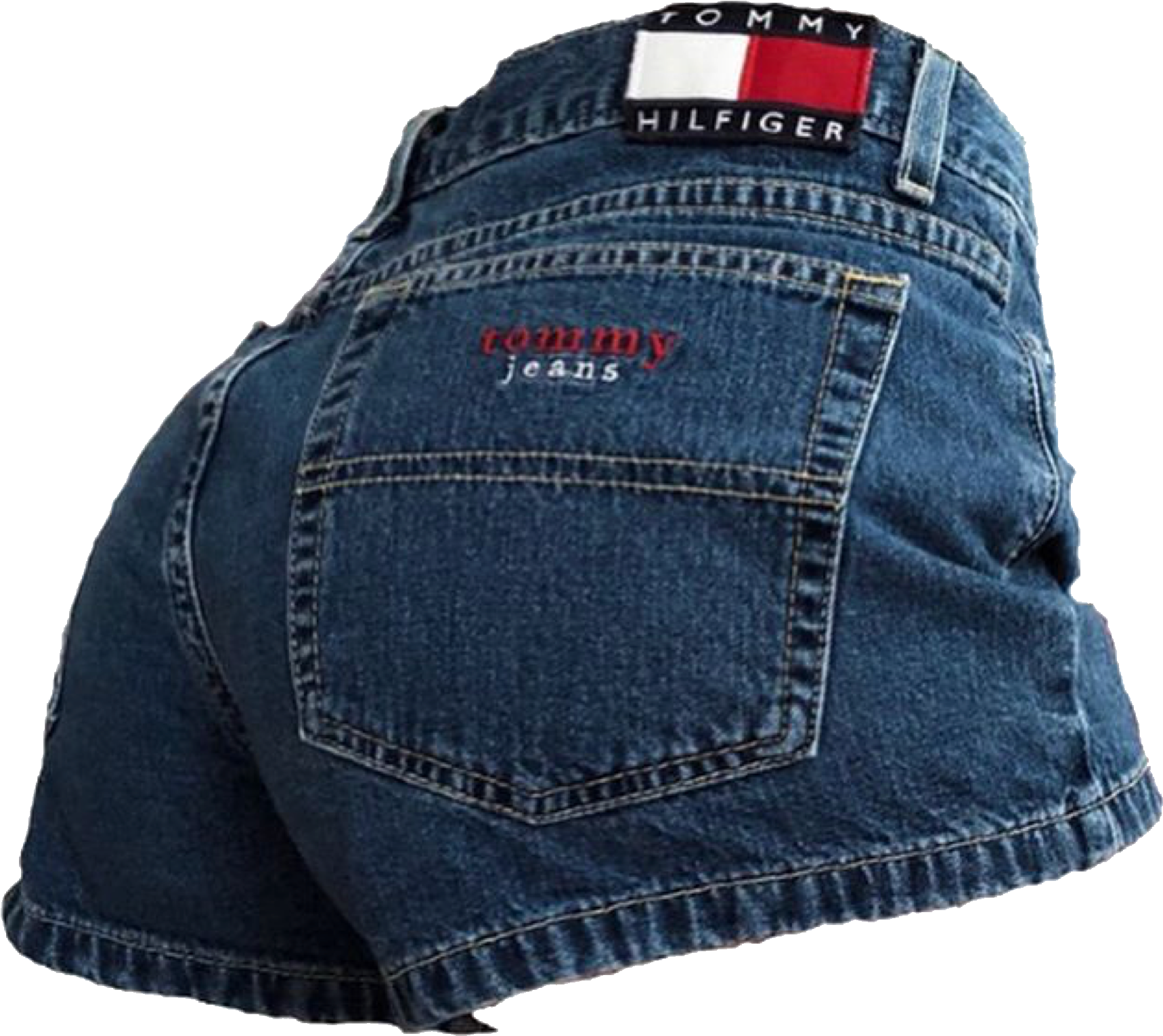 Tommy Hilfiger 牛仔短褲 壁紙 — 藍色牛仔短褲近距離特寫，後袋和腰帶上印有Tommy Hilfiger品牌標誌。