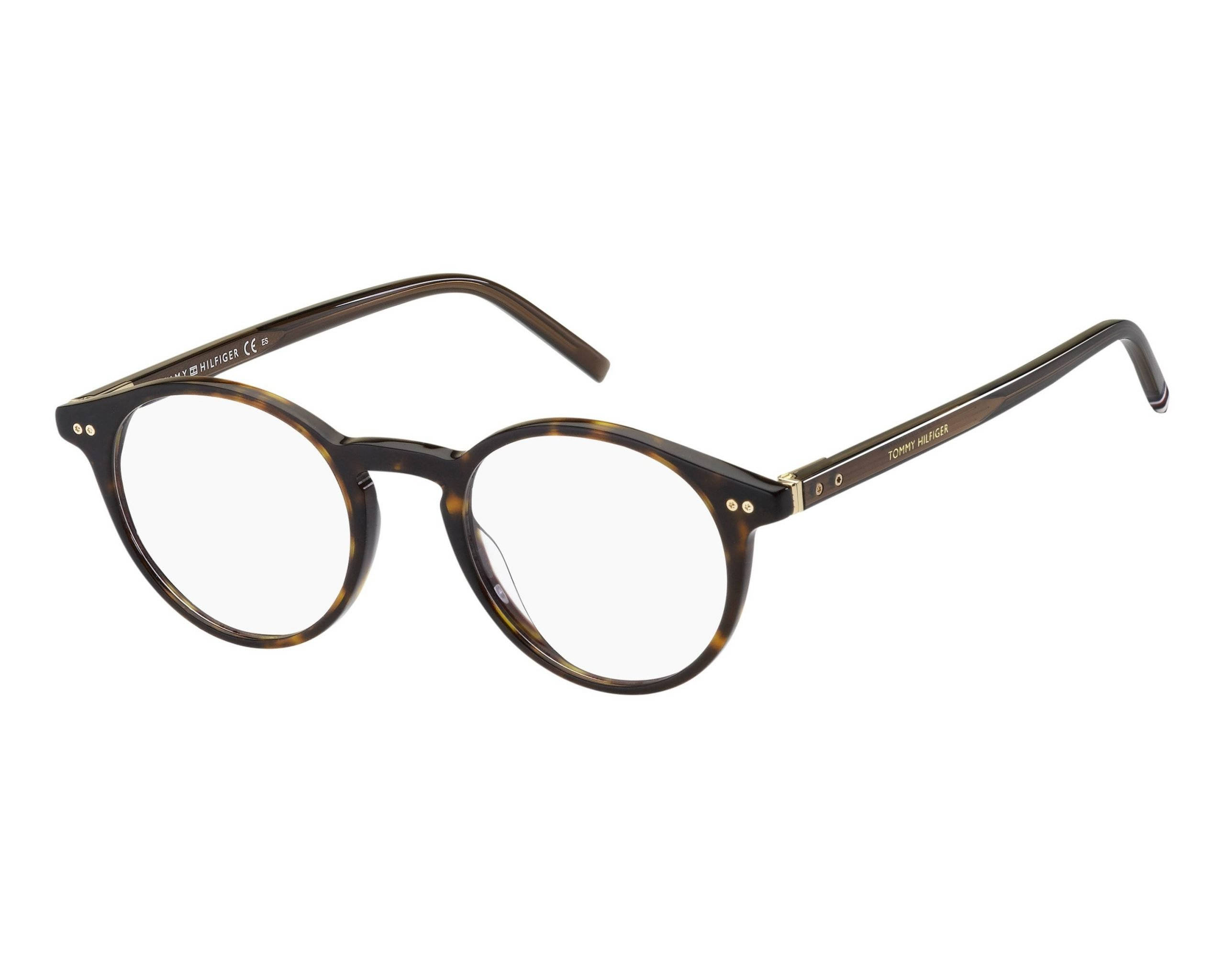 Tommy Hilfiger TH 1813 086 芭蕉木色眼鏡 壁紙 — 經典玳瑁圓形眼鏡，金色點綴，透明鏡片，白色背景。