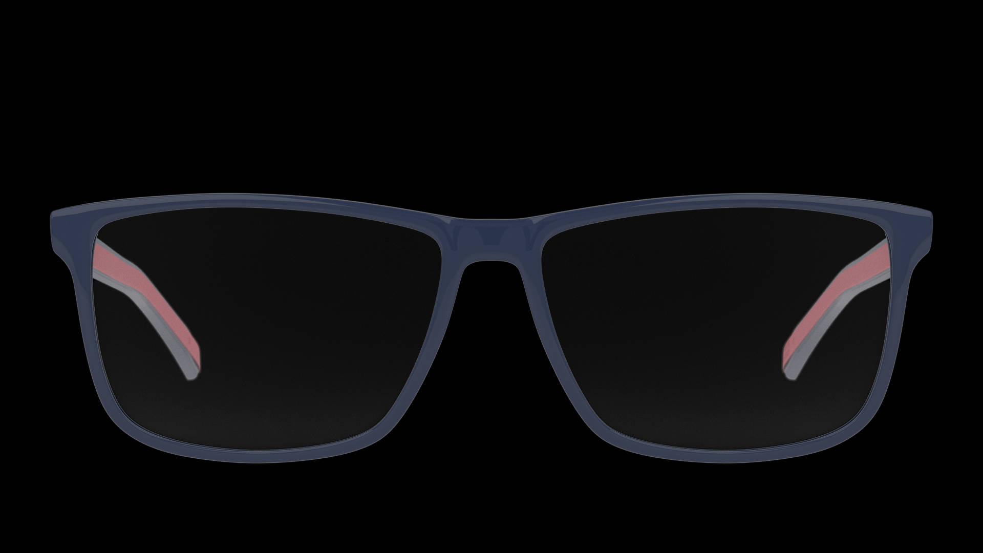 Tommy Hilfiger TH1650/S KB7/T4 眼鏡 壁紙 — 現代長方形眼鏡，藍色鏡框，粉灰色鏡腿尖端，黑色背景。