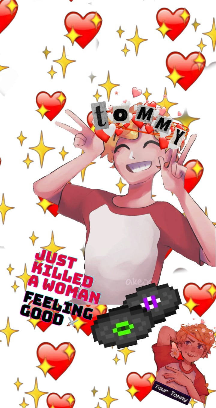 Tommyinnit粉絲創作藝術 壁紙 — 一個開心的橙色頭髮動漫角色被心形和星星包圍，做出和平手勢，並帶有像素化槍支和文字。