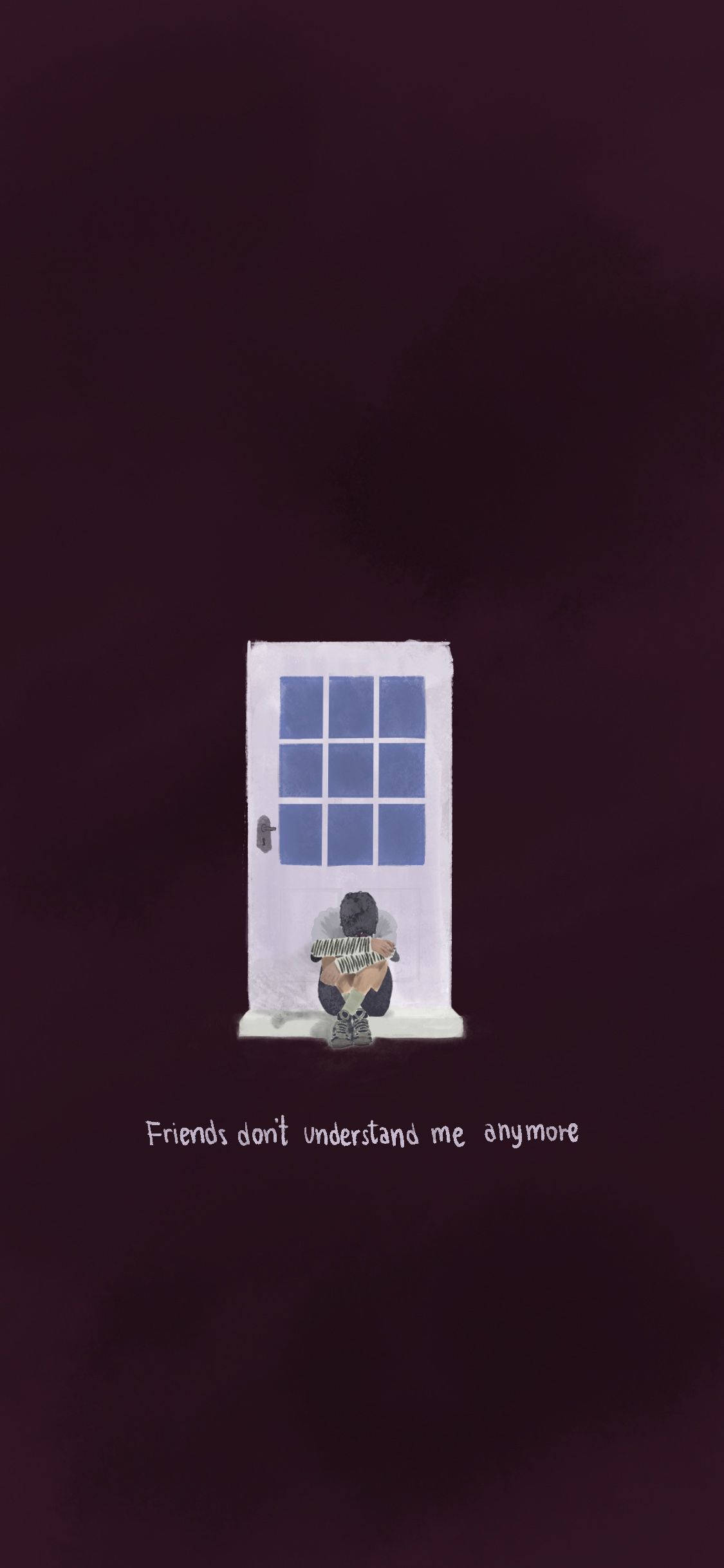 Tomorrow X Together Can't You See Me 壁紙 — 一個孤獨的身影坐在門檻上，面前是一扇帶有藍色玻璃窗的白色門，背景是深紫色。