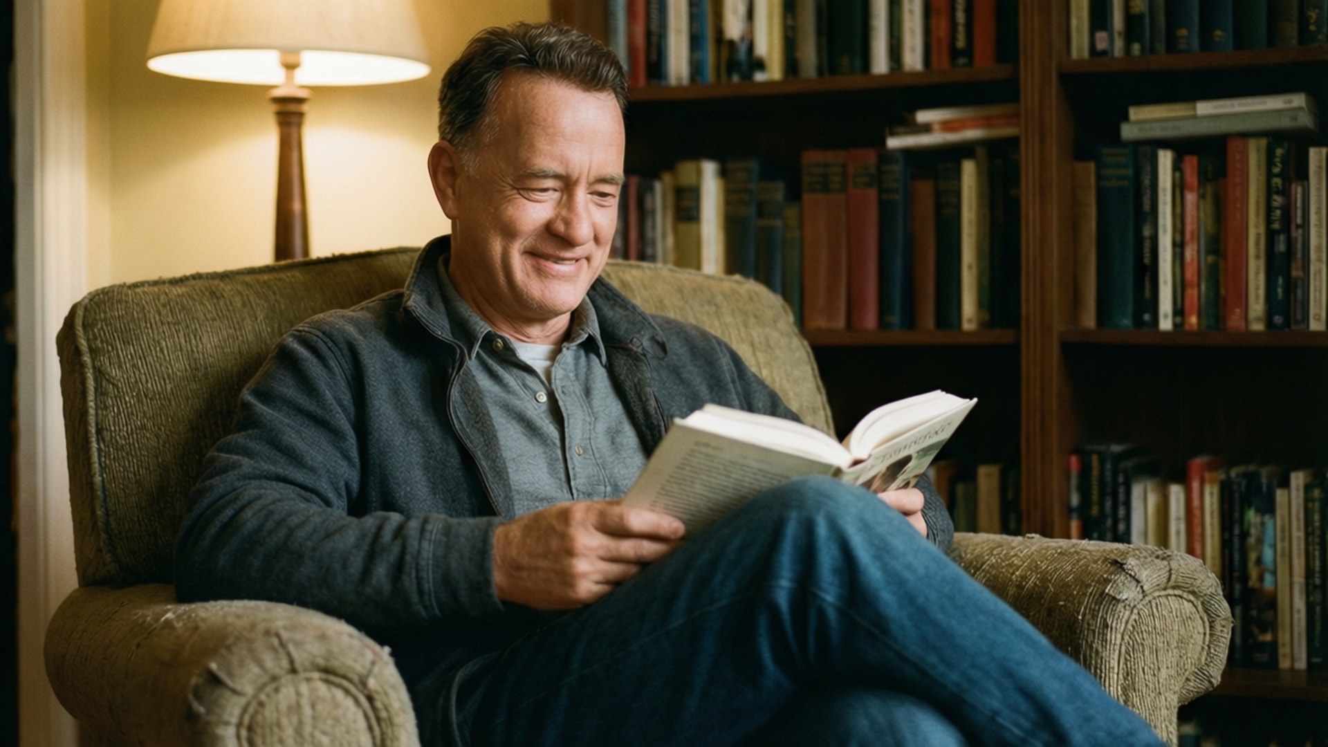 Tom Hanks 桌布 壁紙 — 湯漢斯在點亮的燈和書架旁的舒適扶手椅上閱讀一本書，露出溫暖的笑容。