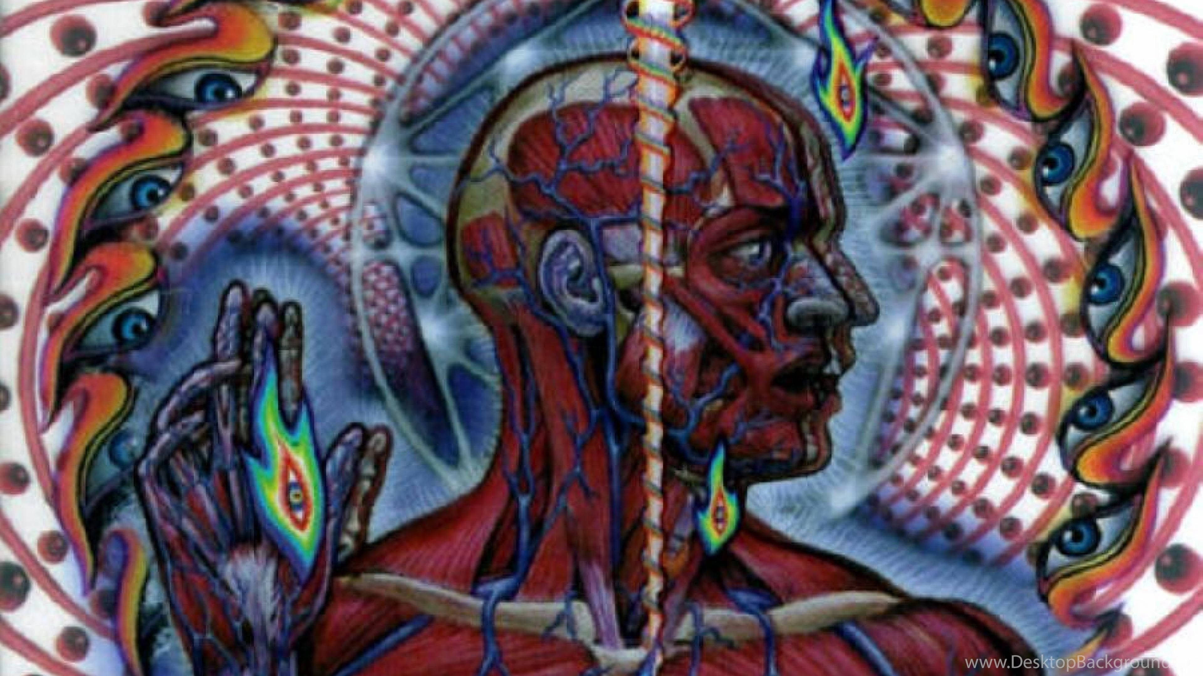 視覺藝術詮釋Tool音樂 壁紙 — 一個超現實的數碼藝術肖像，描繪人類頭部和手部，露出紅色肌肉和藍色靜脈，周圍環繞著迷幻的眼睛和漩渦圖案。