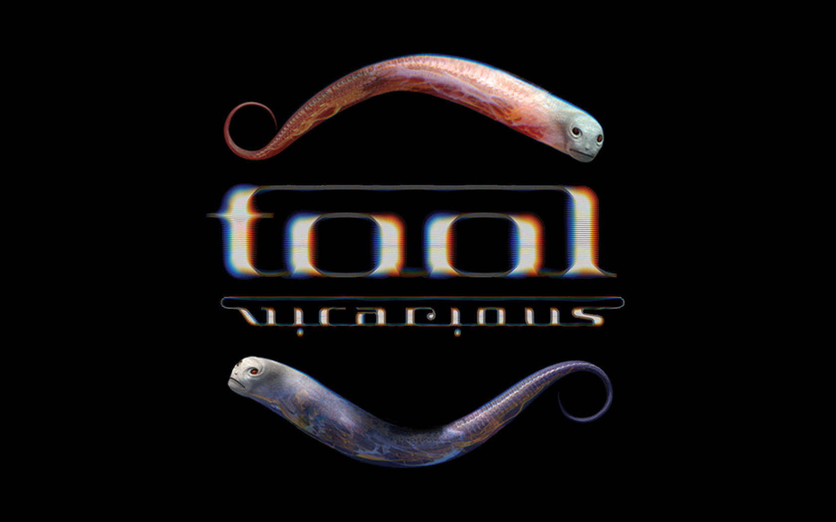 Tool樂隊《Vicarious》靈感專輯封面 壁紙 — 兩條半透明發光的魚在黑色背景上夾著一個故障風格的霓虹標誌。