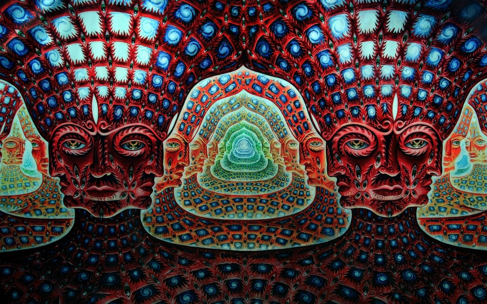 對稱的超現實面孔，帶有複雜圖案，從中央螺旋向外輻射。