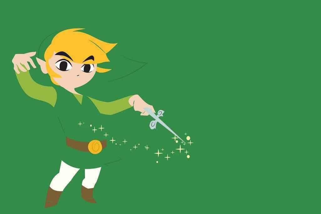 Toon Link身披綠色背景 壁紙 — 一位金髮卡通英雄在純綠色背景前揮舞著發光的劍。