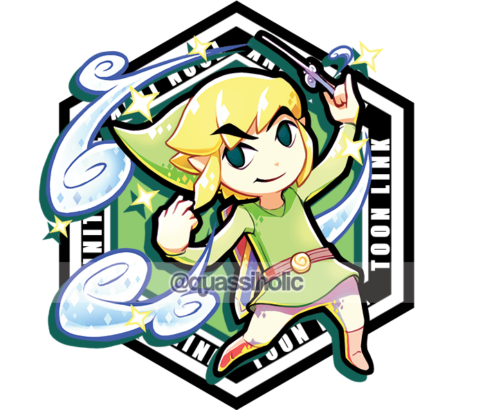 Toon Link 美術風格插畫 壁紙 — 一個快樂的Q版卡通林克穿著綠色束腰外衣，在六邊形徽章內揮舞劍，周圍環繞著旋轉的藍色能量和閃爍的星星。