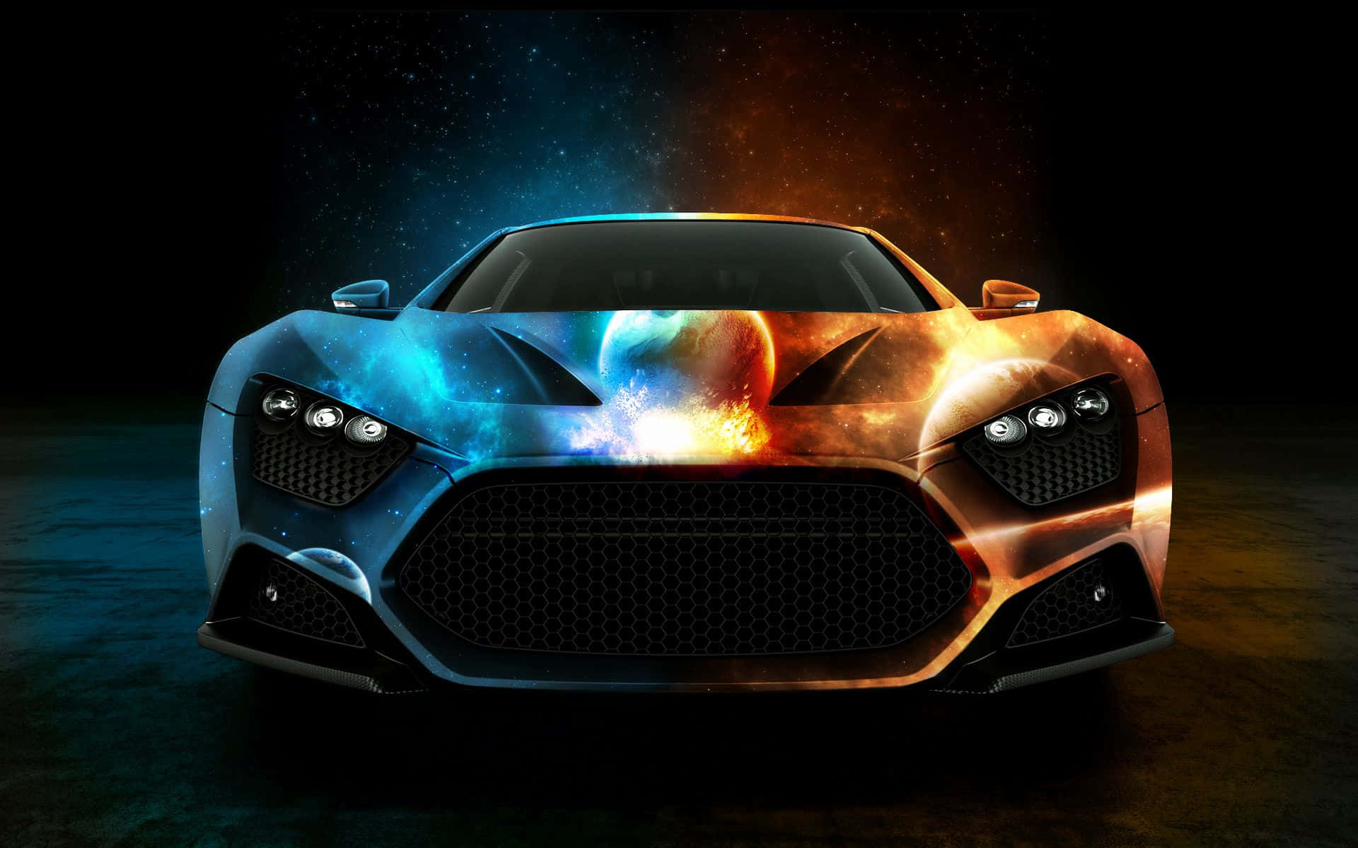 未來主義跑車，帶有星系和星雲設計，在黑暗空間中發光。
