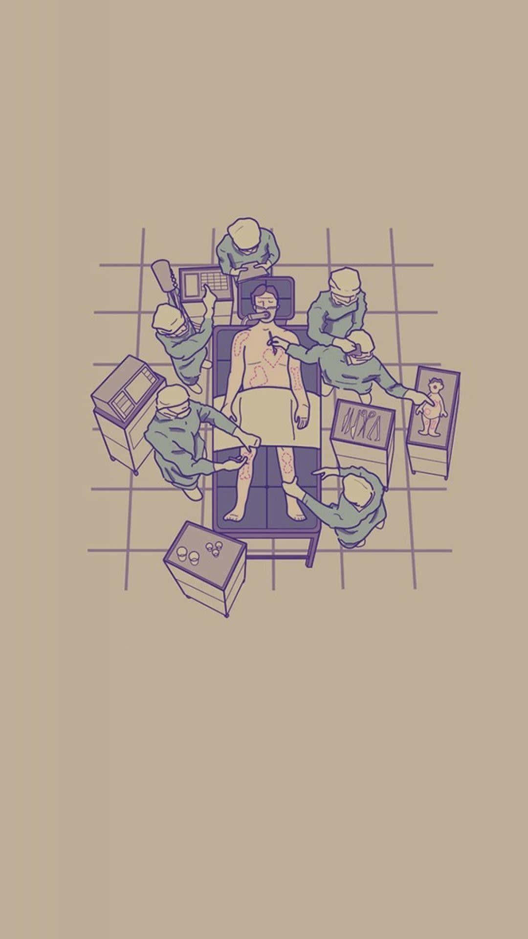 Medicina 桌布 壁紙 — 從上到下的插圖，顯示外科醫生在醫療設備環繞下對病人進行手術。